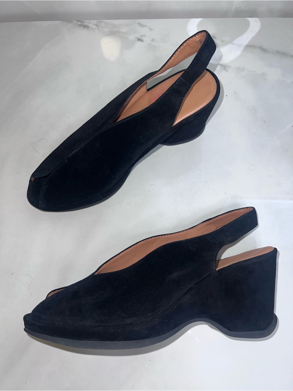 L'Amour Des Pieds Odetta Black Suede Slingback Peep-Toe Wedge size 7
